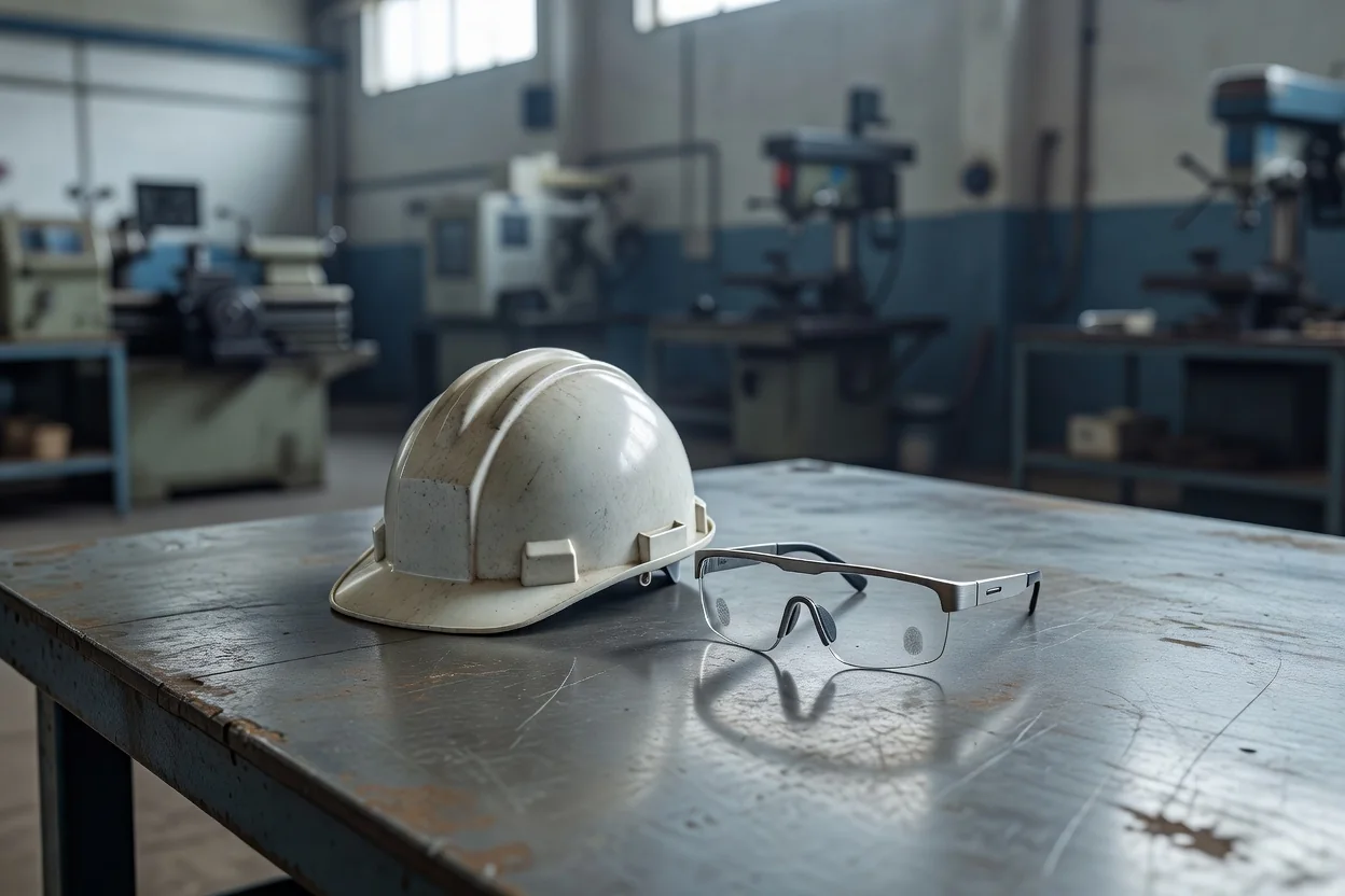 An industrial hard hat and a pair of AR smart glasses resting on a metal workbench in an empty machine shop