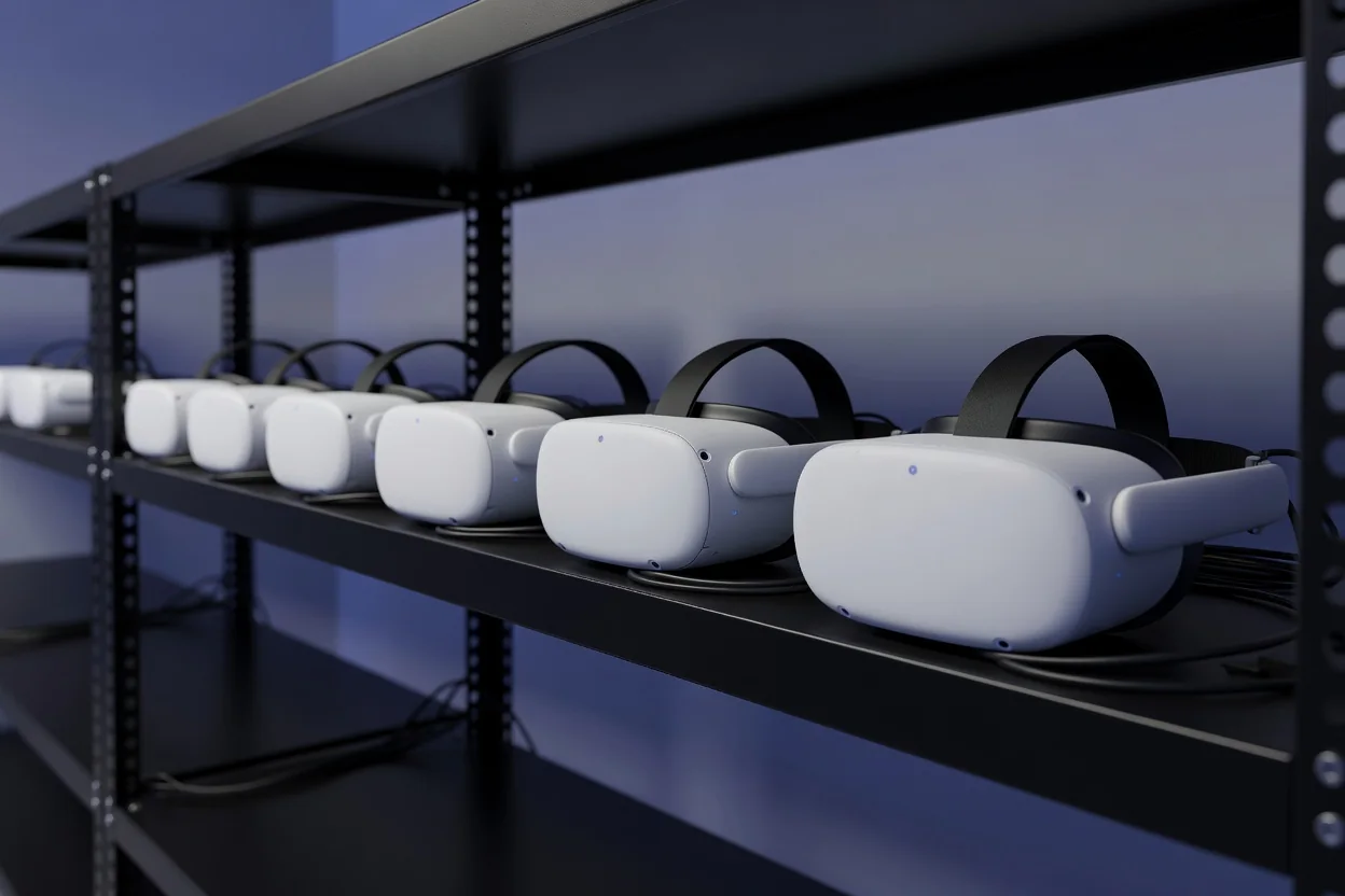 A row of identical white standalone VR headsets charging on a rack shelf in an empty IT equipment room