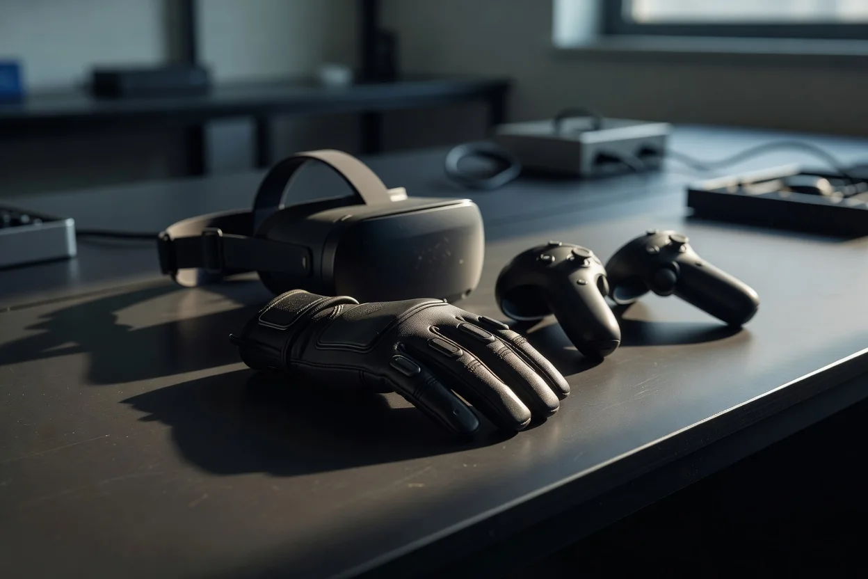 A haptic VR glove resting on a dark desk next to a VR headset and controllers under dramatic side lighting