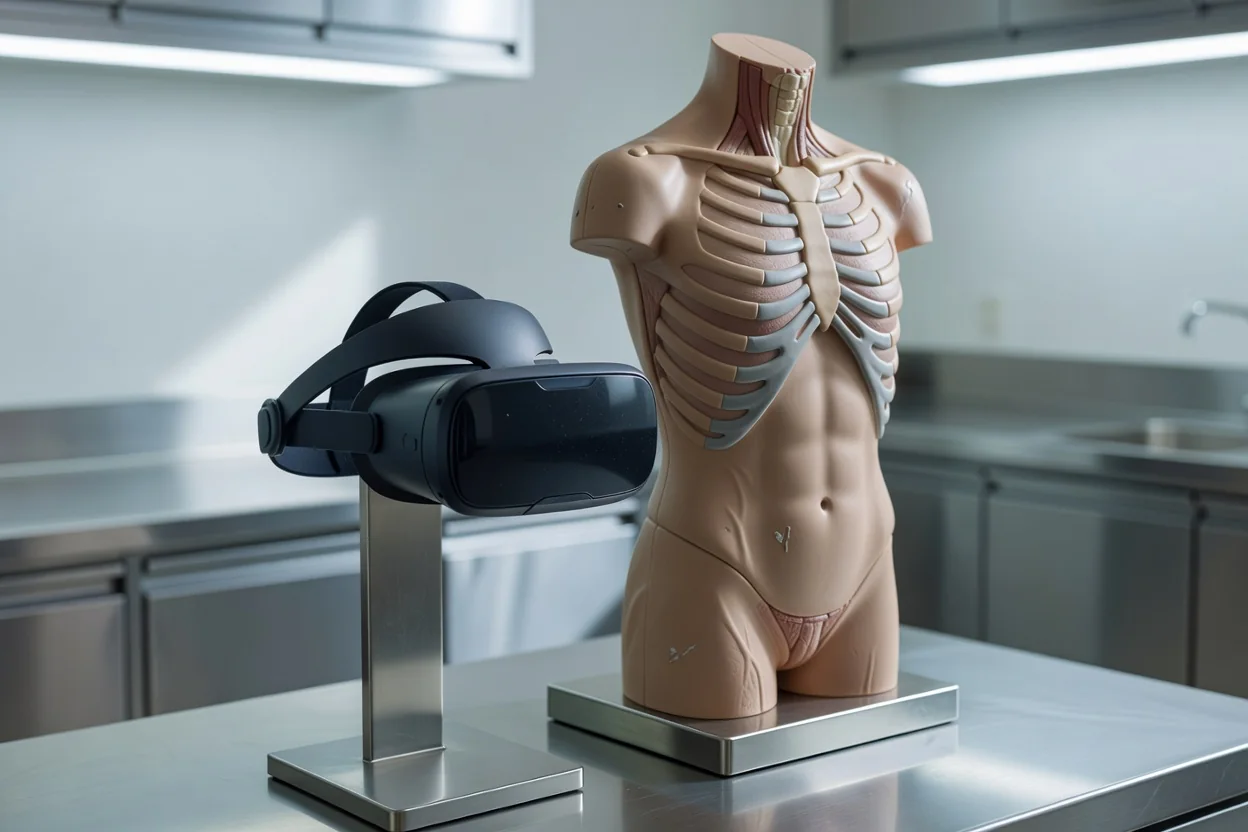 A VR headset on a stand beside an anatomical torso model in an empty clinical simulation lab
