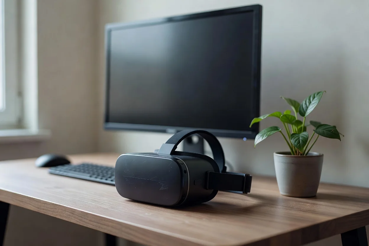 A VR headset on a minimalist home-office desk next to a monitor with a blank dark screen and a small potted plant
