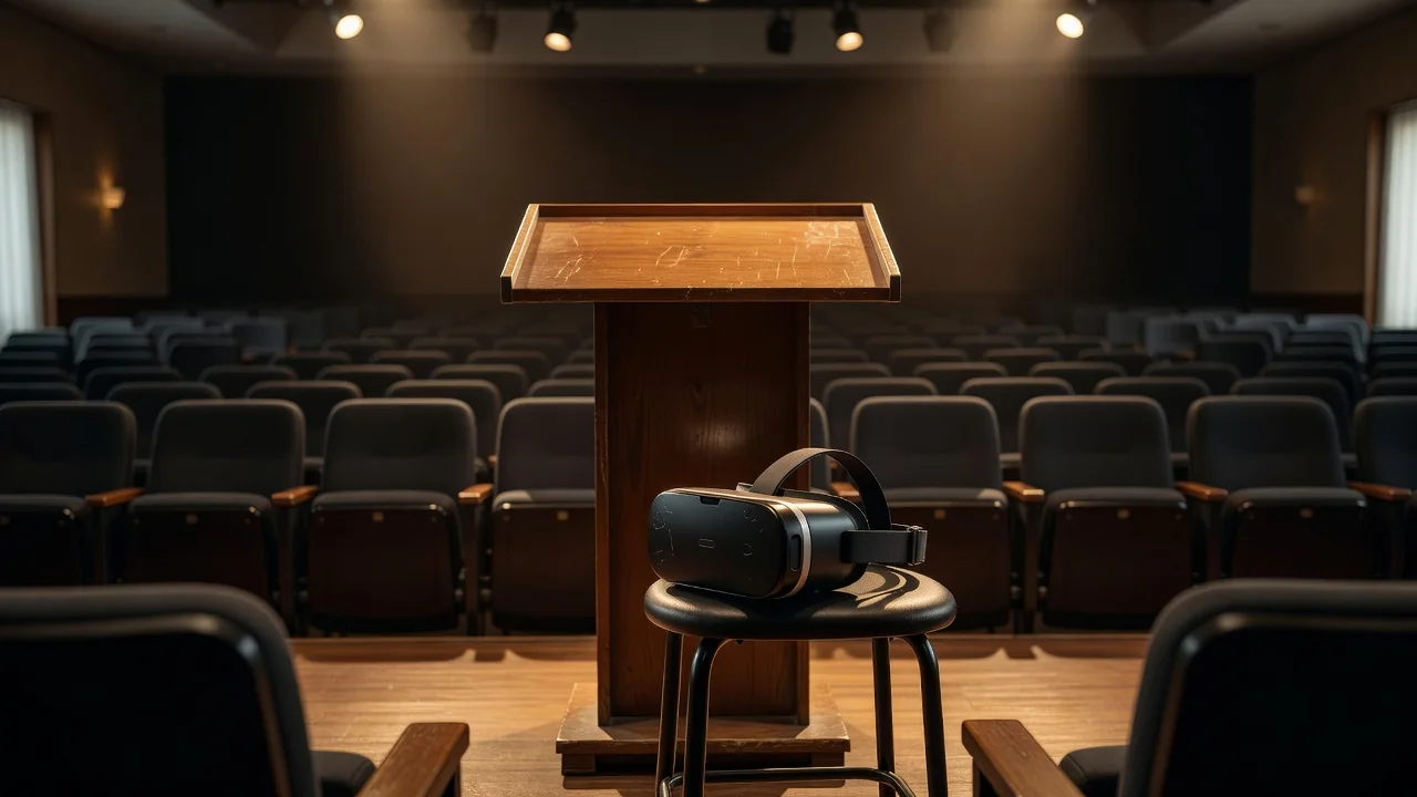 An empty auditorium stage with a single wooden lectern and a VR headset resting on a stool in the front row