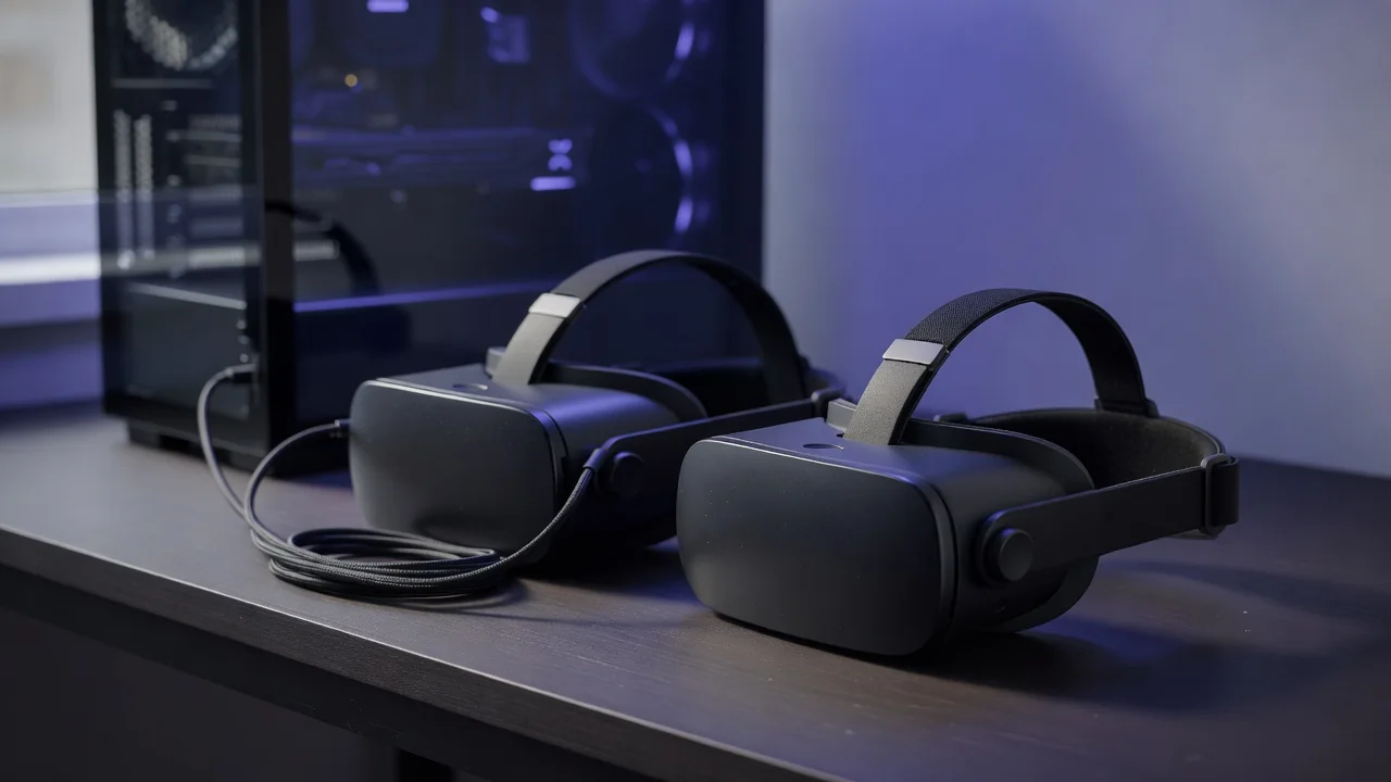 Two VR headsets side by side on a dark desk, one tethered with a cable to a glowing PC tower