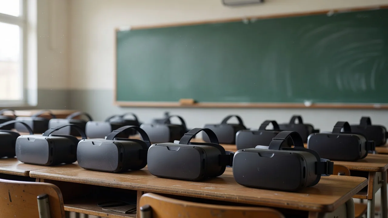 An empty classroom with a neat row of VR headsets on desks in front of a plain green chalkboard