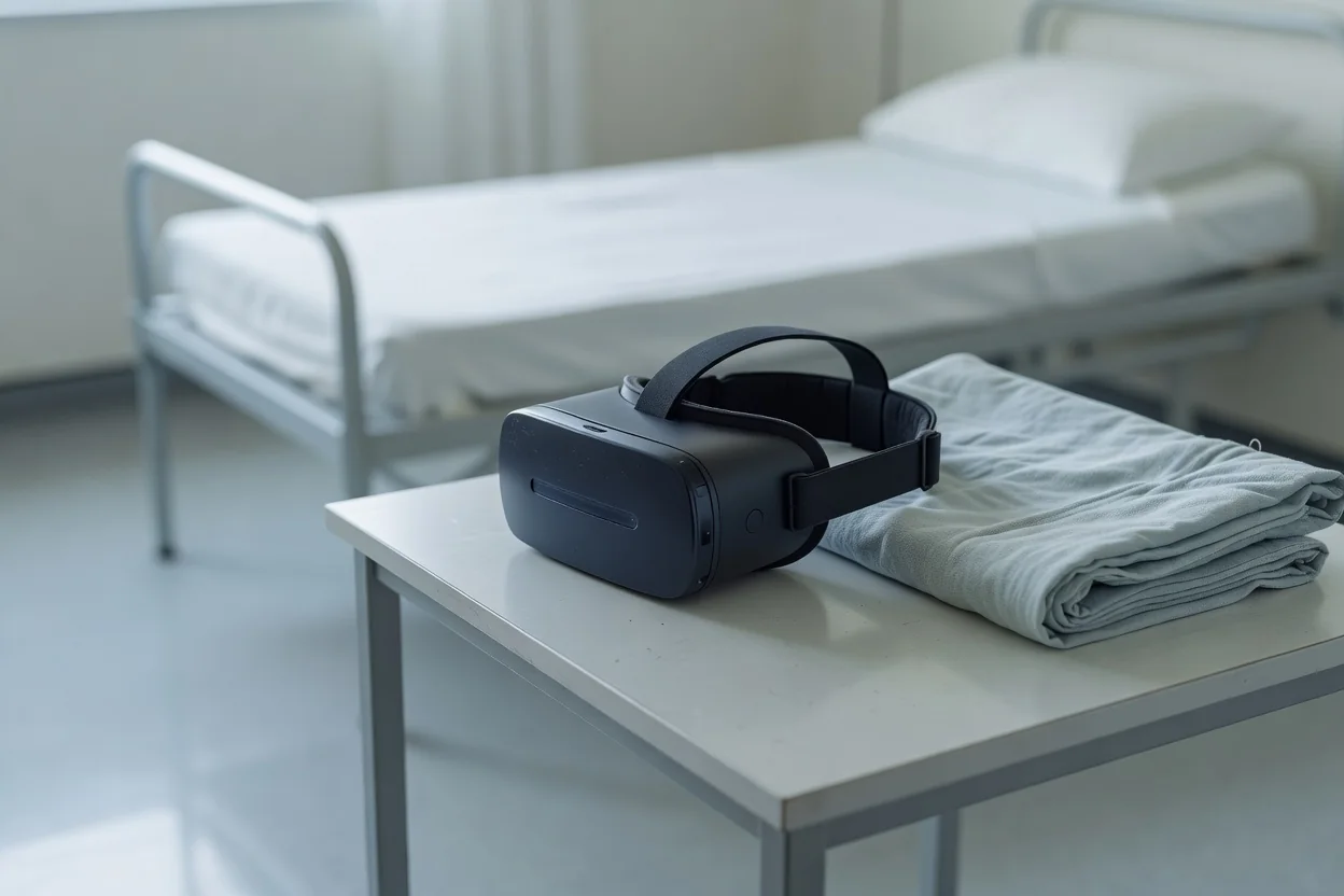 A VR headset resting on a hospital bedside table next to a folded blanket in an empty clinical room