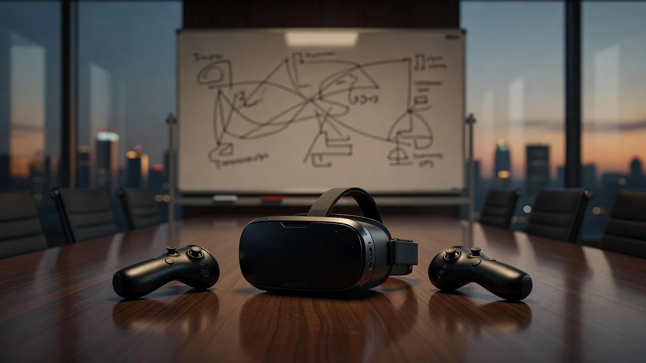 An empty modern conference room at dusk with a VR headset and two motion controllers resting on the table