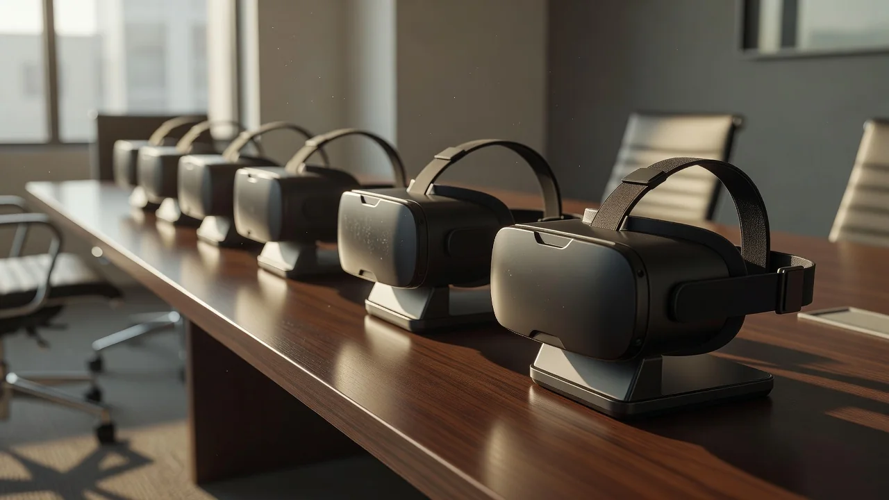 A row of VR headsets on charging stands in an empty corporate training room with a long table