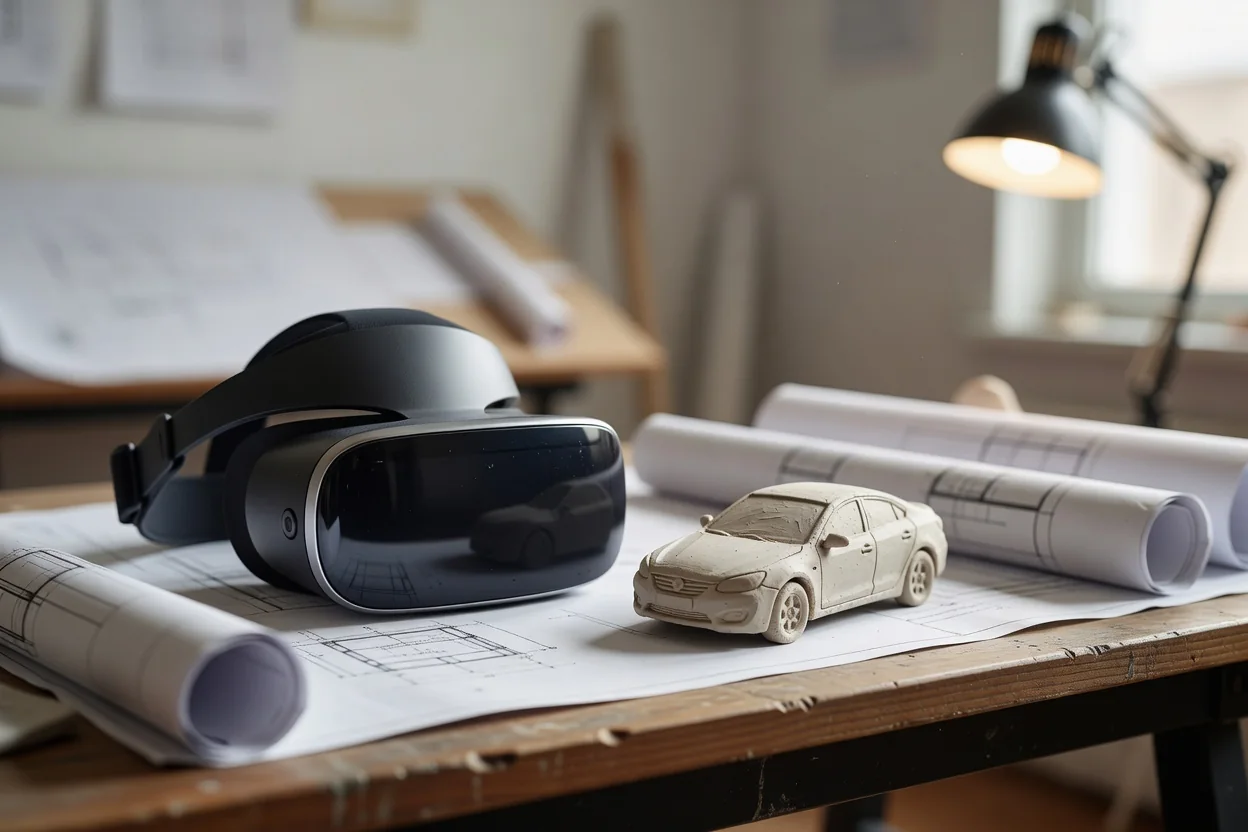 A VR headset on a drafting table beside a white clay-scale car model and rolled blueprints in an empty design studio