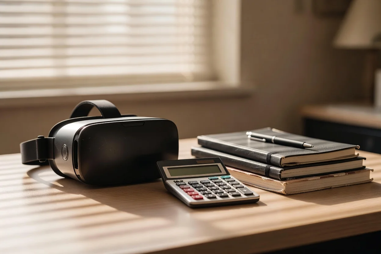A VR headset on an office desk beside a calculator, a stack of notebooks and a pen in warm morning light